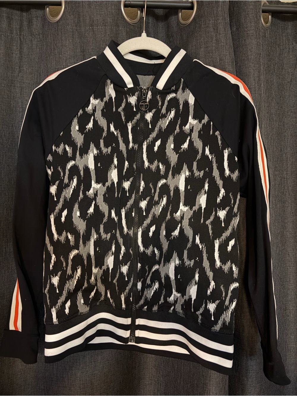 Trina Turk Black & White Leopard-Print Varsity Jacket with Orange Stripe